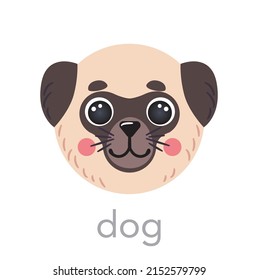 Cute Dog Pug Portrait Avatar With Name Text Smile Head Cartoon Round Shape Animal Face, Isolated Vector Icon Illustrations On White. Flat Simple Hand Drawn For Kids Poster, T-shirts, Baby Clothes