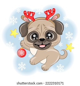 Cute dog pug in reindeer costume Christmas vector illustration