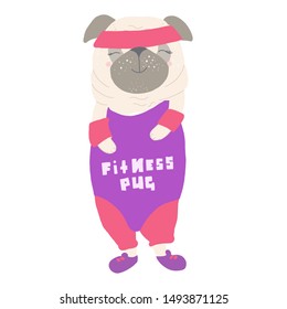 Cute dog pug, in a tracksuit, in the style of the 80s, 90s, with the inscription on the shirt Fitness Pug