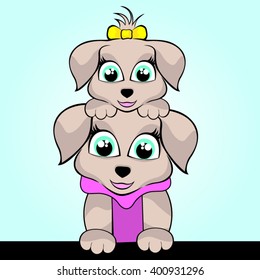 Cute dog puppies with pink and yellow bow. illustration Vector