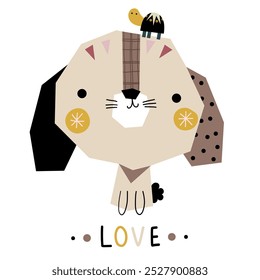 Cute dog puppy animal portrait with snail hand drawn cartoon doodle for fabrics, postcard, printable sketch