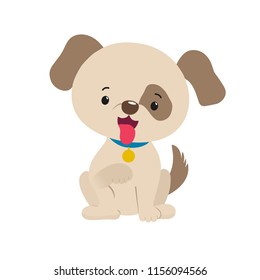 Cute dog puppy cartoon character, Flat colorful drawing. Little pet wearing collar with medal. Doggy friend vector illustration isolated on white background, for kids app, game, book, print, card.