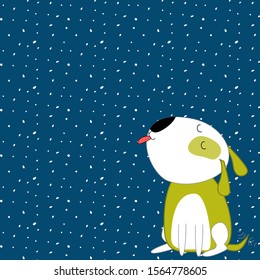 Cute dog, puppy catches snowflakes with tongue on the blue background. Vector illustration in kids style for Christmas. Print or Poster Design for Kids, Greeting Card, Baby dishes and clothes.