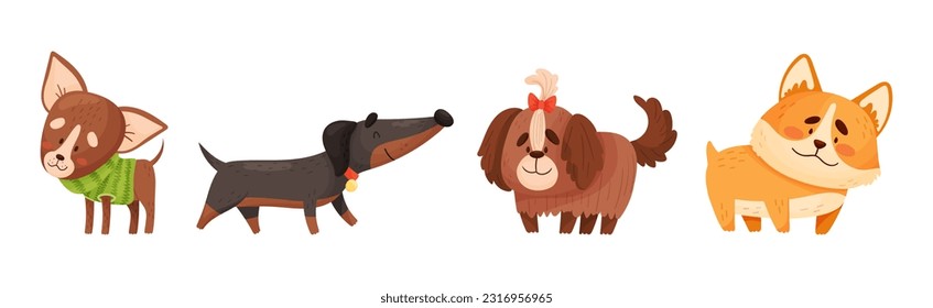 Cute Dog Puppy with Collar as Domestic Pet Vector Set