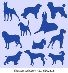 cute dog and puppy collection silhouette illustration of different breeds in trendy flat style