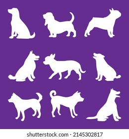 cute dog and puppy collection silhouette illustration of different breeds in trendy flat style