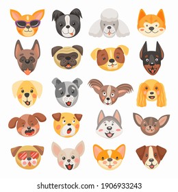 Cute dog and puppy faces cartoon vector design of pet animals. Isolated heads of terrier, french bulldog, pug and corgi, labrador, poodle, doberman and chihuahua dog breeds with funny tongues, smiles