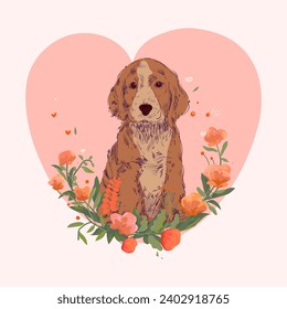 Cute dog, puppy with floral, flowers and leaves hand drawn vector illustration. Doodle cartoon pet animal character icon.