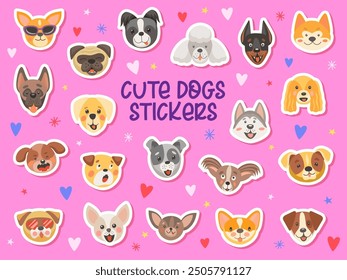 Cute dog and puppy pet stickers vector set. Cartoon canine breeds with animated face expressions and pet accessories. Husky, corgi, pug, chihuahua, Doberman, playful and animal cutout patches