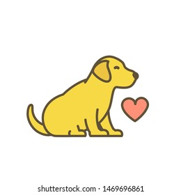 Cute dog puppy with red heart. Loved animal pets. Young Labrador retriever. I love dogs. Yellow pup with contour line. Vector illustration.