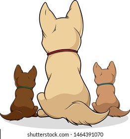 Cute Dog and puppy sitting cartoon character back view,vector Illustration Clip Art