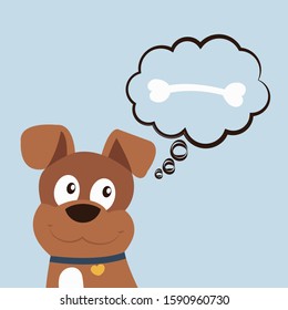 Cute dog or puppy thinks about bone. 
Thoughts bubble. Flat cartoon style vector illustration 