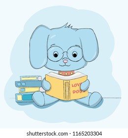 Cute dog with reading book animal character cartoon hand drawn. Vector illustration design.
