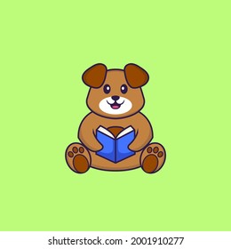 Cute dog reading a book. Animal cartoon concept isolated. Can used for t-shirt, greeting card, invitation card or mascot.