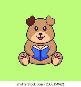 Cute dog reading a book. Animal cartoon concept isolated. Can used for t-shirt, greeting card, invitation card or mascot.