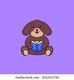 Cute dog reading a book. Animal cartoon concept isolated. Can used for t-shirt, greeting card, invitation card or mascot.