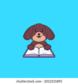 Cute dog reading a book. Animal cartoon concept isolated. Can used for t-shirt, greeting card, invitation card or mascot.