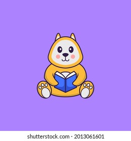Cute dog reading a book. Animal cartoon concept isolated. Can used for t-shirt, greeting card, invitation card or mascot.
