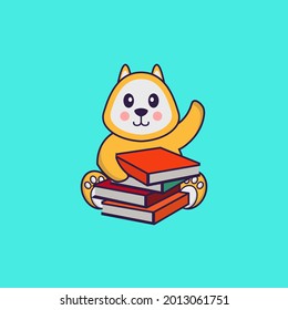 Cute dog reading a book. Animal cartoon concept isolated. Can used for t-shirt, greeting card, invitation card or mascot.