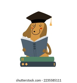 Perro lindo leyendo libro. Gracioso cachorro con sombrero de graduación. A las mascotas felices les gusta estudiar. Animales de caricatura, concepto educativo. Ilustración vectorial dibujada a mano para niños, aislados en fondo blanco. Diseño plano