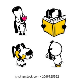 Cute dog reading book sticker set. Monochrome puppy collection design. Simple black white sketch vector illustration design. Comic character active funny animal pet. Happy friendly doggy collection.