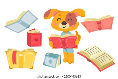 Cute dog reading book vector illustration. Cartoon isolated happy pet student training and learning with textbook in paws, cheerful smart puppy character standing among open flying books to study