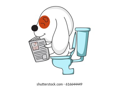 Cute Dog reading newspaper sitting on a commode. Vector Illustrations. Isolated on white background.