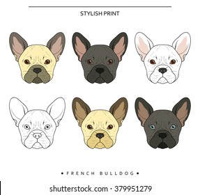 Cute dog for realistic design.  Set goals sketch french bulldog different color