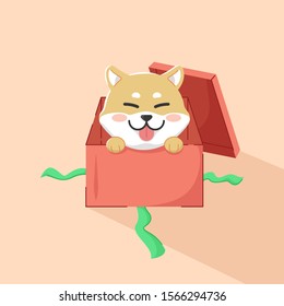 Cute Dog In the Red Box Christmas Present Illustration