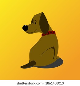 A cute dog in a red collar sits on his hind legs. The character of the dog on a yellow background. Stoke vector illustration