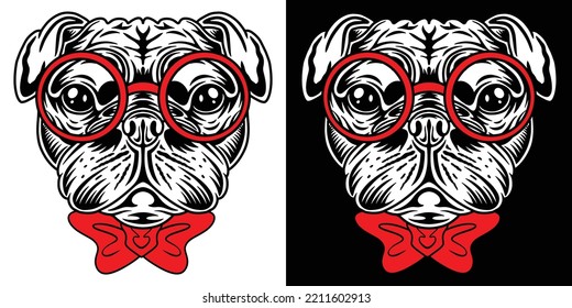 Perro con gafas rojas, amarre y caricatura Ilustración