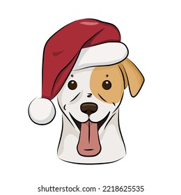 Cute dog in red hat. Funny Christmas greetings