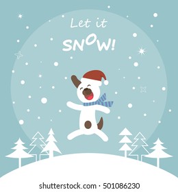 Cute dog in red hat jumping for joy. Let it snow lettering. Christmas and Happy New Year card . Vector illustration flat design.
