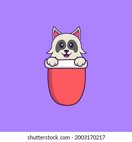 Cute dog in red pocket. Animal cartoon concept isolated. Can used for t-shirt, greeting card, invitation card or mascot.