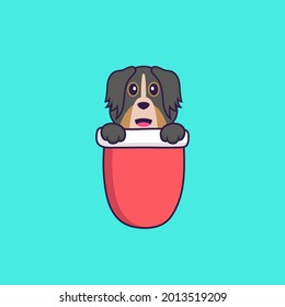 Cute dog in red pocket. Animal cartoon concept isolated. Can used for t-shirt, greeting card, invitation card or mascot.