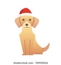 cute dog in red santas hat. Christmas puppy winter cartoon illustration.