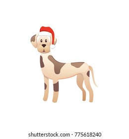 cute dog in red santas hat. Christmas puppy winter cartoon illustration.