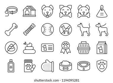 Cute Dog Related Icon Set Such As Collar, Pet Not Allowed Sign, Bowl, Medicine, Grooming Equipment, Outline Editable Stroke