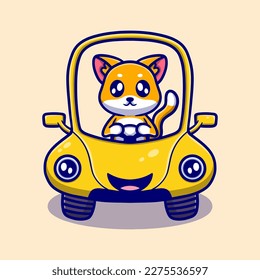 Cute dog rid car cartoon icon illustration. funny sticker for your business