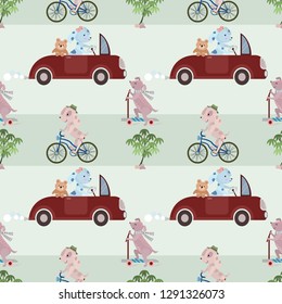 Cute dog ride on vihicle seamless pattern