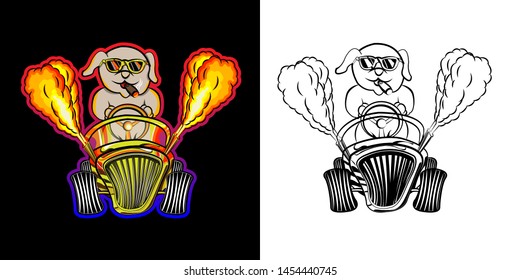 cute dog riding a hot rod car with a fire exhaust,ride car flaming hand drawn doodle coloring book page pattern cartoon , can be used for t-shirt print, fashion design, fabric, web, wallpaper