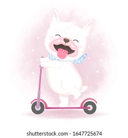 Cute dog riding a scooter, hand drawn cartoon watercolor illustration