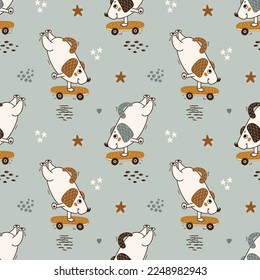 Cute Dog Riding Skateboard. Seamless Pattern with Little Puppy. Vector Childish Background. Baby Funny Animal. Great for T-shirt Print Design for Kids.