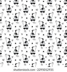 Cute Dog Riding Skateboard. Seamless Pattern with Little Puppy. Vector Childish black and white Background. Baby Funny Animal. Great for T-shirt Print Design for Kids.