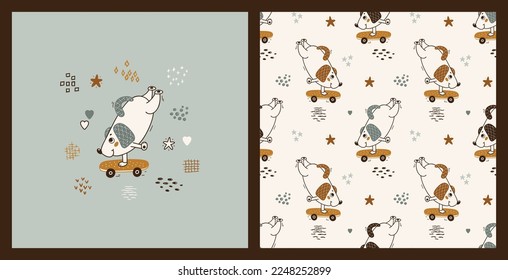 Cute Dog Riding Skateboard. Set of Seamless Pattern and Poster with Little Puppies. Vector Childish Background. Baby Funny Animal. Great for T-shirt Print Design for Kids.