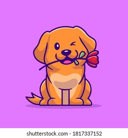 Cute Dog With Rose Cartoon Vector Icon Illustration. Animal Flower Icon Concept Isolated Premium Vector. Flat Cartoon Style