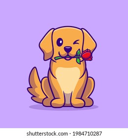 Cute Hund mit rosa Blumenkarikatur Vektorsymbol Illustration. Tiernatur-Symbol Konzept isolierter Premium-Vektorgrafik. Flachbildkartonstil