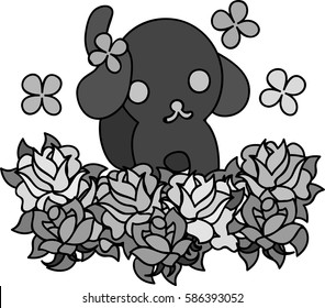 The cute dog and the rose garden