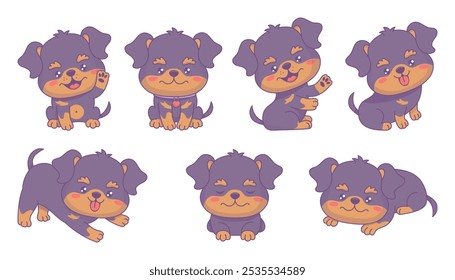 Lindo perro Rottweiler colección. Feliz cachorro de dibujos animados. Aislado divertido personaje kawaii animal mascota. Ilustración vectorial. Colección para niños