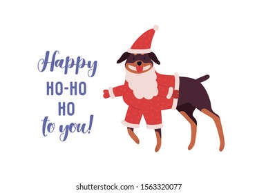 Cute dog, rottweiler in red Santa costume cartoon illustration. Funny Christmas greeting card design element. Happy ho ho ho to you inscription Xmas wish. New Year holiday postcard design.